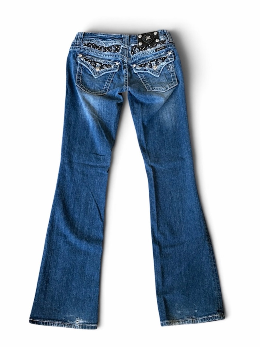 Y2K Miss Me Denim Jeans Size 28 Boot Cut JP6076B Embellished Flap Pocket Low